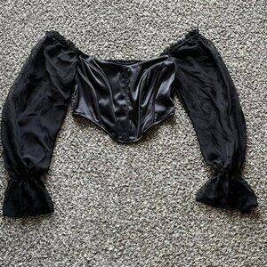 Black Corset Top Large Off the Shoulder Lace Trim Puffy Balloon Sleeve Whimsigot